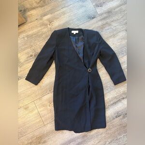 Tailored Black Long-Sleeve Wrap Dress with Ring Accent
